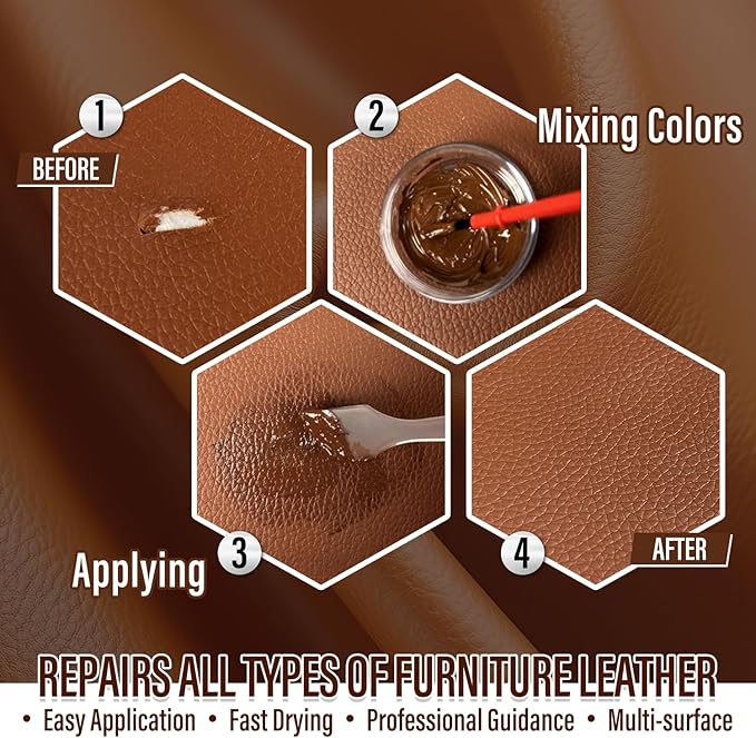 Brown Leather & Vinyl Repair Kit, Leather Repair Kit for Sofa, Jacket, Car Seats, Purse, Easily Restores Cat Scratch, Rips, Tears, Cracks, Holes on Faux, Artificial, Genuine Pleather & Any Material