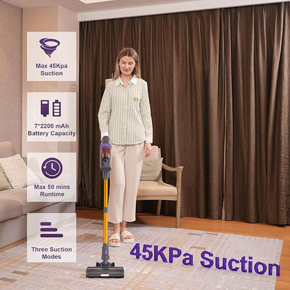 BUTY BULU Cordless Vacuum Cleaner, Stick Handheld Rechargeable Lightweight 4-in-1 Vacuum for Home Hardwood Floor Carpet Pet Hair Litter Cleaning, 45KPa Suction 50Mins Running Time, LED Display Screen
