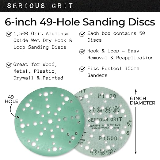 Serious Grit - 6-Inch 49-Hole 1500 Grit Sanding Discs - Heavy-Duty Hook & Loop Film Discs - Sandpaper for Random Orbital Sanders - 50 Pack Box