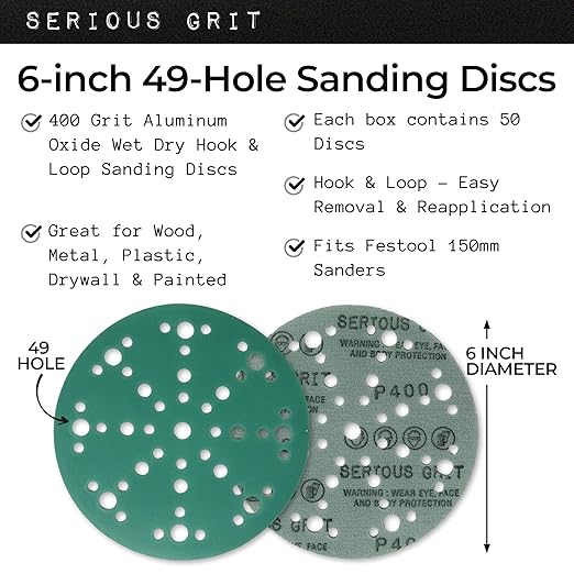 Serious Grit - 6-Inch 49-Hole 400 Grit Sanding Discs - Heavy-Duty Hook & Loop Film Discs - Sandpaper for Random Orbital Sanders - 50 Pack Box