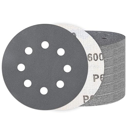 100PCS 5 Inch Hook and Loop Sanding Discs 600 Grit, 8 Hole Wet Dry Orbital Sander Sand Paper, Silicon Carbide Sandpaper for Automotive Wood Metal Glass