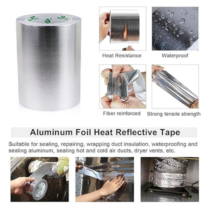 BOMEI PACK Adhesive Aluminum Foil Heat Shield Tape Barrier, Fiberglass Thermal Insulation Reflective Material High Temp Protection (7in*66ft)