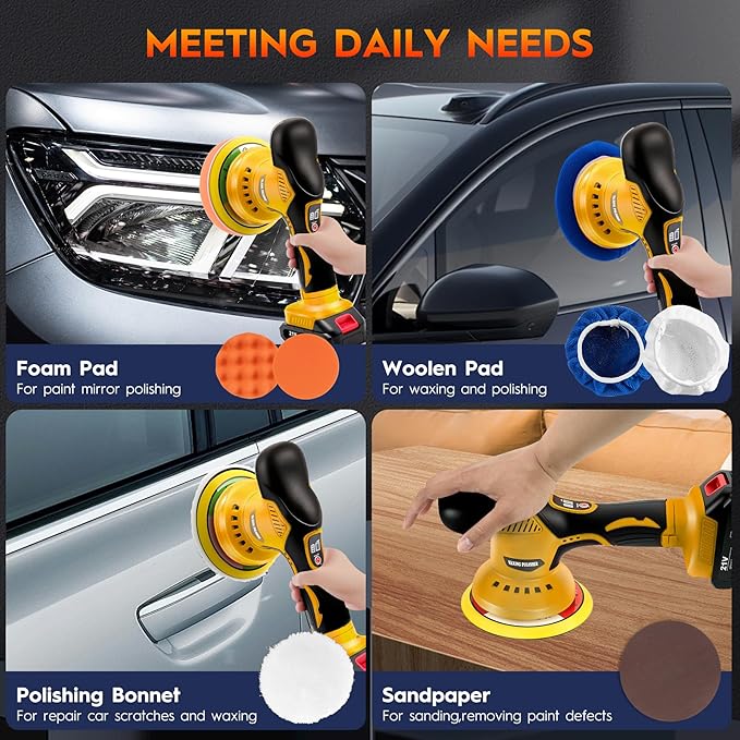 Cordless Car Polisher Kit for Waxing & Scratch Removal, Beginner-Friendly 6-Inch Car Buffer with 2×21V Batteries, 8-Speed 2800–6000 RPM, 21-Piece Detailing Set