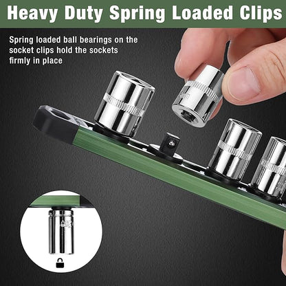 WORKPRO Magnetic Socket Organizer, 1/4-Inch Drive Aluminum Alloy Socket Rail, Heavy Duty Socket Holder, Socket Rack Kit 1/4-Inch x 12 Clips Green (Socket not Included)