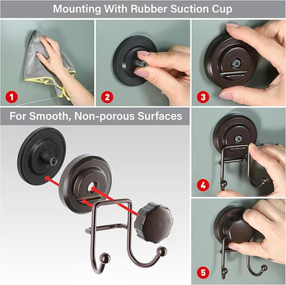 HASKO Suction Cup Hook for Shower, Stainless Steel Bathroom Suction Towel Hooks Hanger, Organizer for Towel, Bathrobe and Loofah, Includes Optional No Drill Adhesive Mount for Inside Shower, Bronze