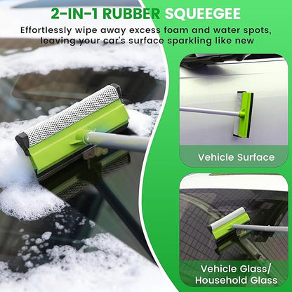 Car Wash Brush with Long Handle, 60'' Car Wash Mop, 7Pcs Chenille Microfiber Cars Washing Kit with Window Squeegee/Microfiber Towels /Wheel Brush for Cars RV Truck Boat Floor Window, Green