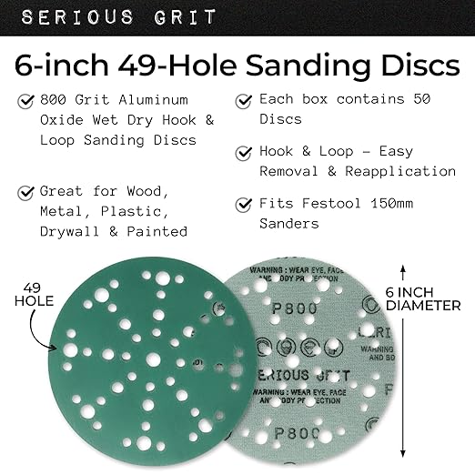 Serious Grit - 6-Inch 49-Hole 800 Grit Sanding Discs - Heavy-Duty Hook & Loop Film Discs - Sandpaper for Random Orbital Sanders - 50 Pack Box