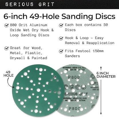 Serious Grit - 6-Inch 49-Hole 800 Grit Sanding Discs - Heavy-Duty Hook & Loop Film Discs - Sandpaper for Random Orbital Sanders - 50 Pack Box