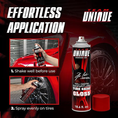 TEAM UNIQUE Tire Shine Gloss – 18.6 Fl Oz (550mL) | High-Gloss Formula for Ultimate Tire Shine | Protects Against Cracking and Fading | Non-Greasy, Low-Sling Spray for Easy Application