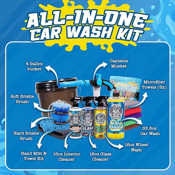 Salty Captain Ultimate 15-Piece Car Cleaning Kit – Car Wash Kit with 15L Bucket, Hand Mitt Towels, Brushes & 4x Cleaning Fluids – 2-in-1 Foam & Flush Gun compatible with Garden Hose – Premium Quality