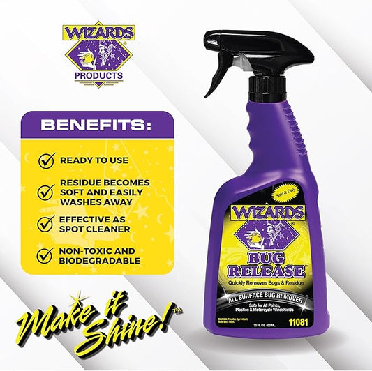 Wizards Bug Release - All Surface Bug Remover and Wash for All Vehicles - Softens and Neutralizes Acidic Bug Protein - Doubles as Spot Cleaner and Pre-Soak Car Cleaner - 22 Fl Oz