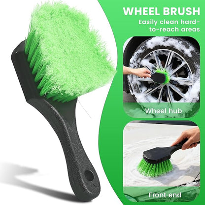 Car Wash Brush with Long Handle, 60'' Car Wash Mop, 7Pcs Chenille Microfiber Cars Washing Kit with Window Squeegee/Microfiber Towels /Wheel Brush for Cars RV Truck Boat Floor Window, Green