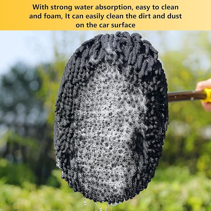 15° Curved Car Wash Brush with 43" Telescopic Handle – Microfiber Chenille Car Wash Mop for RV, SUV, Truck & Boat – Soft, Scratch-Free Extendable Cleaning Tool (Yellow&Black, Mop Refill Cover)