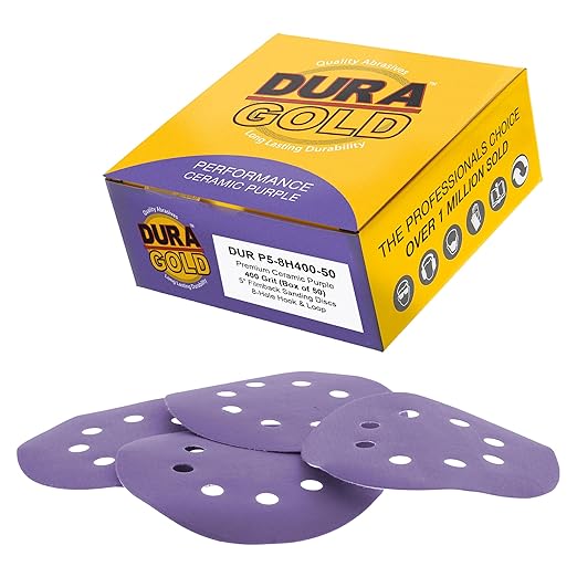 Dura-Gold Premium 400 Grit 5" Purple Film Ceramic Sanding Discs, 8-Hole Pattern, Box of 50 - Dustless Hook & Loop Backing Sandpaper for DA & Random Orbital Sanders - Sand Auto Paint, Wood, Woodworking