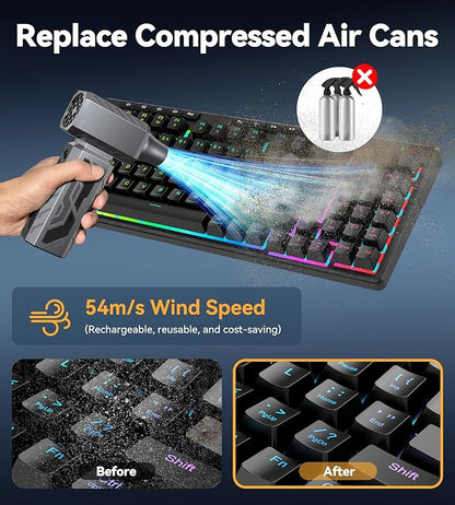 Compressed Air Duster, 130000RPM Electric Air Duster Brushless Motor with Stepless Speed Adjustable, Rechargeable Fast Charging Cordless Mini Air Blower for PC, Keyboard, Car, Home & Outdoor