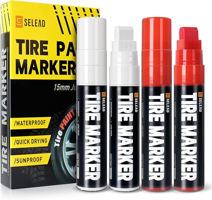 SELEAD Jumbo Tire Marker White Red - 4 Pack 15mm Wide Tip Paint Pens for Car Tires Lettering, Large Capacity Premium Ink Waterproof Permanent Markers