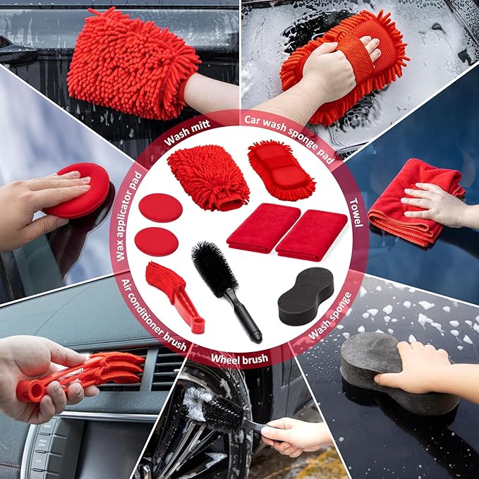 GPUSFAK 47Pcs Car Wash Cleaning Kit with High Power Handheld Vacuum Windshield Cleaning Tool with Side Mirror Squeegee Bucket Detailing Brushes Tire Brush Towels Complete Detailing Set for Car