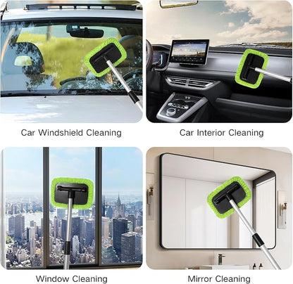 11pcs Windshield Cleaner Tool, Car Window Cleaning Wash Kit with 6 Reusable Microfiber Pads 2 Spray Bottles and Extendable Handles Auto Glass Wiper Kit, Blue & Green