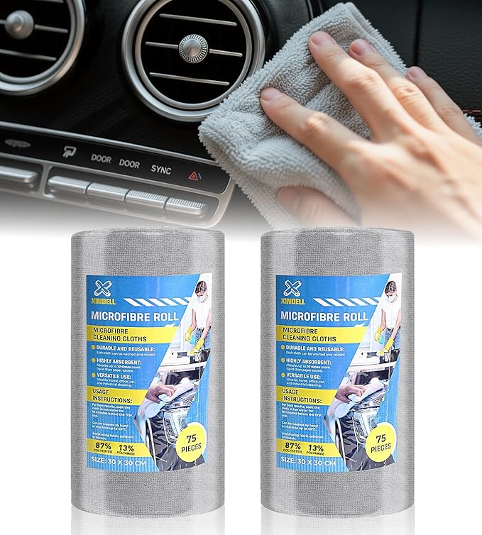 XINDELL Microfiber Cleaning Cloth Roll – 150 Pack 12"x12", Tear-Off Microfiber Towels, Lint-Free, Ultra Absorbent Car Detailing & Cleaning Cloths – Grey