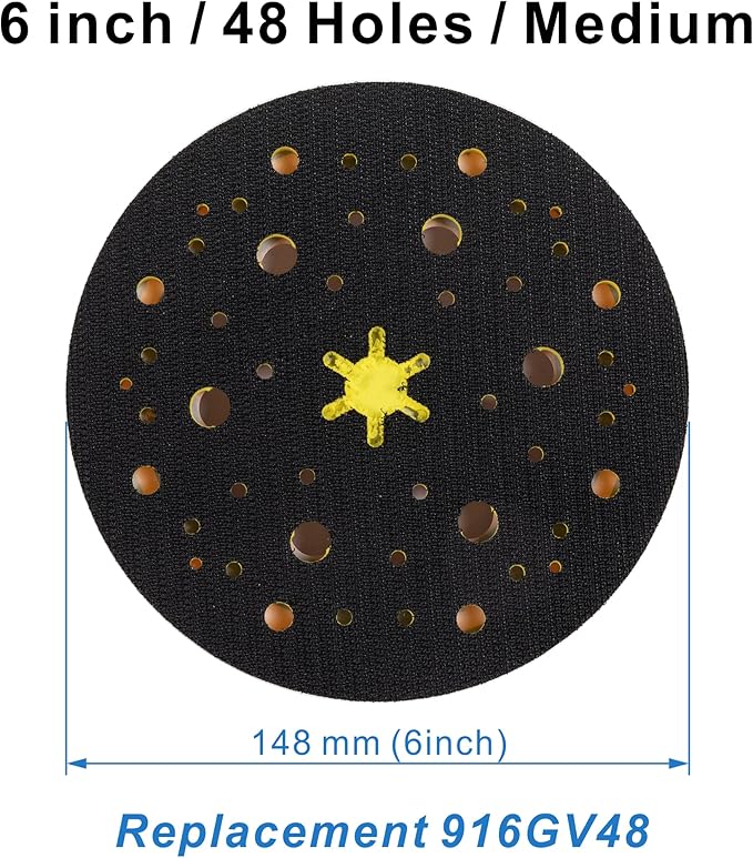 6 inch with 48 Holes Hook and Loop Backing Pad for Air Sander Polisher, 5/16"-24 Thread Max 13000RPM, Pack of 1