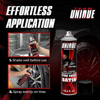 TEAM UNIQUE Tire Shine Satin – 18.6 Fl Oz (550mL) Pack of 12 | Advanced Formula for a Lasting Satin Sheen | Protects Tires from Cracking and Fading | Non-Greasy, Low-Sling Spray