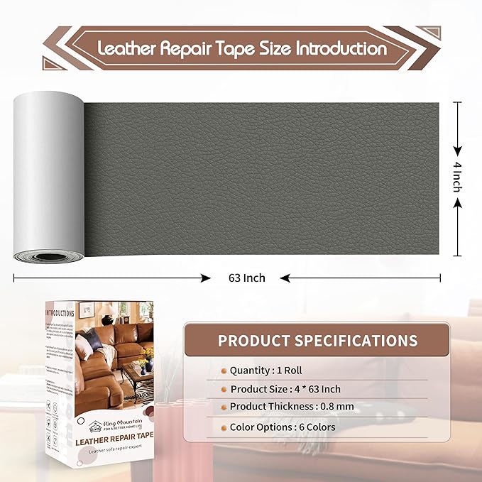 KING MOUNTAIN Leather Repair Patch,4 x 63 Inches self Adhesive Leather Repair Tape for Damaged Leather Furniture, Sofa Seating,Car Seats, Leather Goods（Gray）