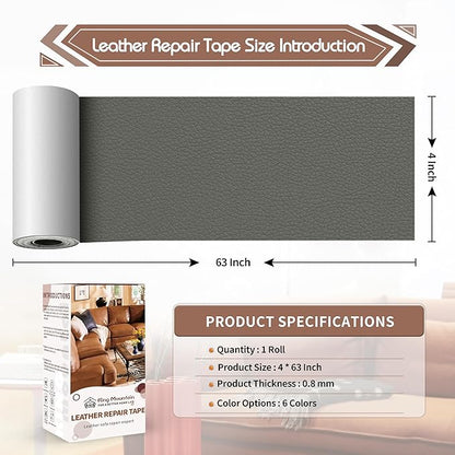 KING MOUNTAIN Leather Repair Patch,4 x 63 Inches self Adhesive Leather Repair Tape for Damaged Leather Furniture, Sofa Seating,Car Seats, Leather Goods（Gray）