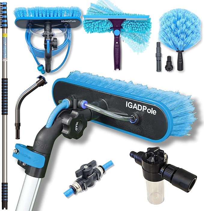 IGADPole 28 FT Water-Fed Washing Kit with Soap-Dispenser, Brush, 10″ Squeegee & Cobweb Duster for Windows, Gutters, Solar Panels & Exterior Walls