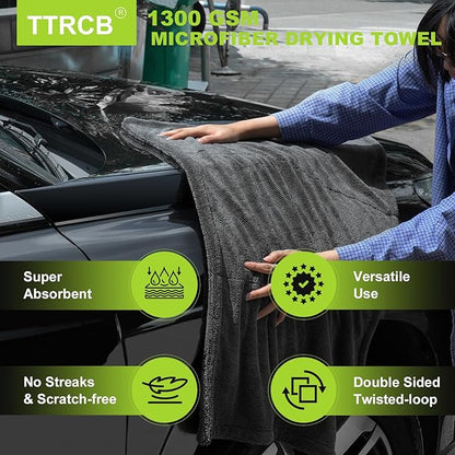 TTRCB 2 Pack 1300 GSM Car Drying Towel, Microfiber Towels for Cars - 36" x 24" & 16" x 16", Ultra-Absorbent, Streak Free, Car Wash Mitt, Car Detailing Cleaning Accessories Supplies Essentials