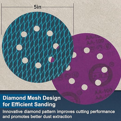 5 Inch 8 Hole Rhombus Sanding Discs Diamond Shape 140PCS Blue Sandpaper Discs Hook and Loop Sandpaper Orbital Sander Sandpaper 60/80/100/120/150/180/240/320/400/600 Grit with 2 Interface Pads