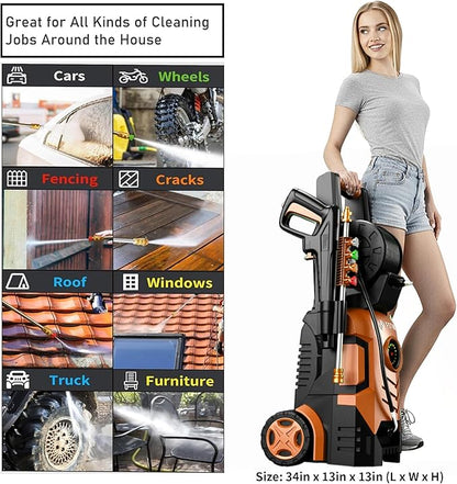 2025New Pressure Washer 4800PSI, 34" Tall, 4 Quick Connect Nozzles,Inlet Hose&Filter&500mlFoam Cannon for Cars/Fences/Driveways/Home Cleaning,Red