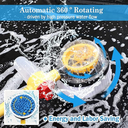 Rotating Car Wash Brush with Hose Attachment, Soft Chenille Microfiber Bristle Car Cleaning Brush Wash Mop Scrub Brush, Long Handle Car Washing Brush Kit with Soap Dispenser (Yellow)