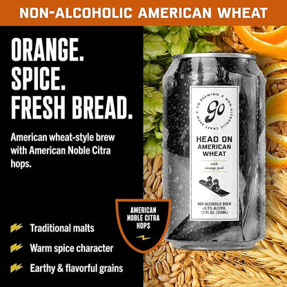Go Brewing Non-Alcoholic Head On American Wheat Brew - Low Calorie - Non-Alcoholic Brew, Crafted in Small Batches, 12 Fl Oz Cans, 12-Pack