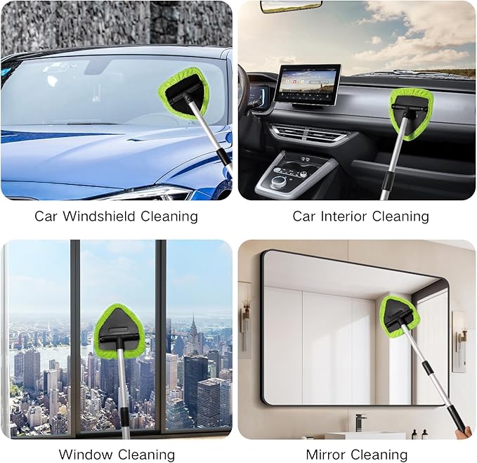 Qydipclin 10pcs Windshield Cleaning Tool Inside Car Window Cleaner Wash Kit with 4 Reusable Microfiber Pads 1 Spray Bottle and Extendable Handle Interior Auto Glass Wiper Kit, Green