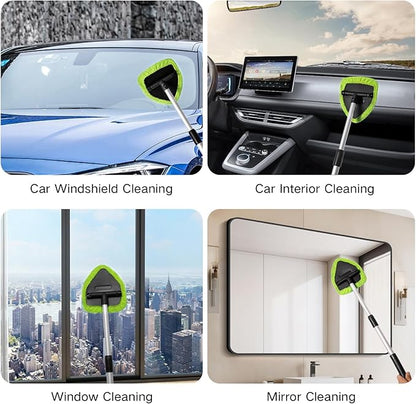 11pcs Windshield Cleaner Tool, Car Window Cleaning Wash Kit with 6 Reusable Microfiber Pads 2 Spray Bottles and Extendable Handles Auto Glass Wiper Kit, Green
