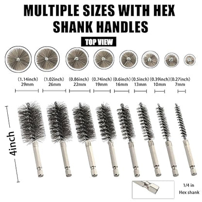 MAXMAN Stainless Steel Bore Brush, 8pcs Wire Brush for Drill, Durable Metal Bristles Twisted, 8 Size Set Multiple Diameter Options, 1/4 Inch Hex Shank, for Power Drill Impact Driver & Tube Cleaning