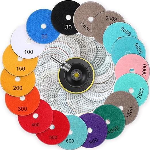 Blosssound 20 Pcs 4 Inch Diamond Polishing Pads with 5/8''-11 Backer Pad and Drill Bit Adapter Wet Dry Polish Pad Kit Granite Polishing Kit 30-10000 Grit Pads for Granite Marble Stone
