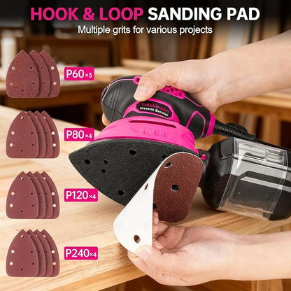 THINKLEARN Detail Sander - 13000 OPM Compact Electric Sander Tool, 1.2A Mouse Sanders with 15Pcs Sandpapers and Dust Box, Handheld Sanding Machine for Woodworking, Furniture and Small Projects