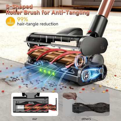 Shieal Cordless Stick Vacuum Cleaner - 45KPA Powerful Suction Vacuum with 45 Min Runtime, Detachable Battery, Anti-Tangle & 1.5L Dust Cup, 8 in 1 Vacuum Cleaner for Pet Hair, Carpet, HardFloor, Pink