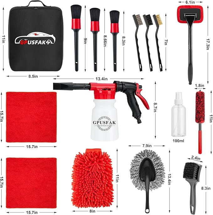 GPUSFAK 16Pcs Car Wash Cleaning Kit with Foam Gun Sprayer Detailing Brushes Windshield Cleaning Tool Rim and Tire Brush Towels Complete Interior Exterior Detailing Set for Car