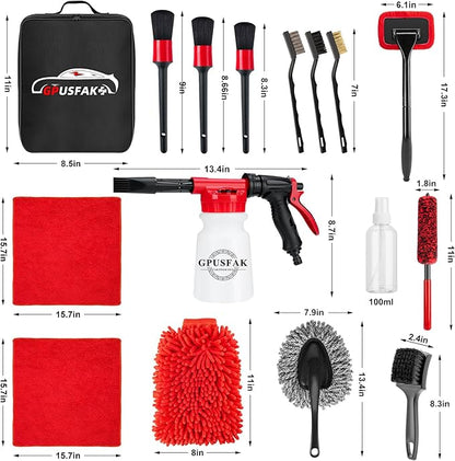 GPUSFAK 16Pcs Car Wash Cleaning Kit with Foam Gun Sprayer Detailing Brushes Windshield Cleaning Tool Rim and Tire Brush Towels Complete Interior Exterior Detailing Set for Car