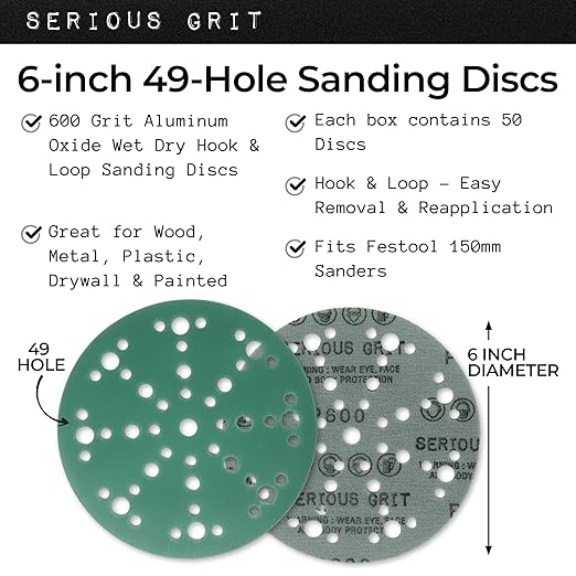 Serious Grit - 6-Inch 49-Hole 600 Grit Sanding Discs - Heavy-Duty Hook & Loop Film Discs - Sandpaper for Random Orbital Sanders - 50 Pack Box