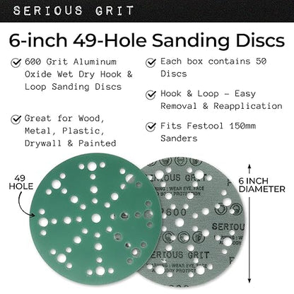Serious Grit - 6-Inch 49-Hole 600 Grit Sanding Discs - Heavy-Duty Hook & Loop Film Discs - Sandpaper for Random Orbital Sanders - 50 Pack Box