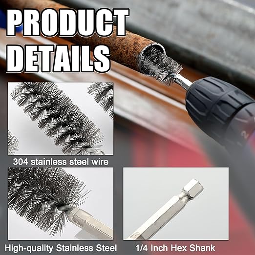 MAXMAN Stainless Steel Bore Brush, 8pcs Wire Brush for Drill, Durable Metal Bristles Twisted, 8 Size Set Multiple Diameter Options, 1/4 Inch Hex Shank, for Power Drill Impact Driver & Tube Cleaning