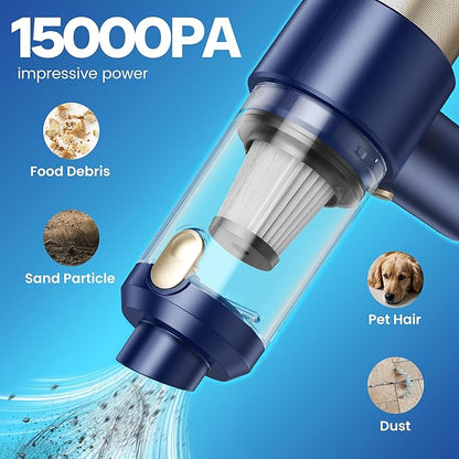 Mecanto Car Vacuum Handheld Vacuum Cleaner, 15000PA Suction, Mini Vacuums with Air Duster and Blower, Portable Hand Held Vacuum for Car, House, Crumbs, Hair (Blue)