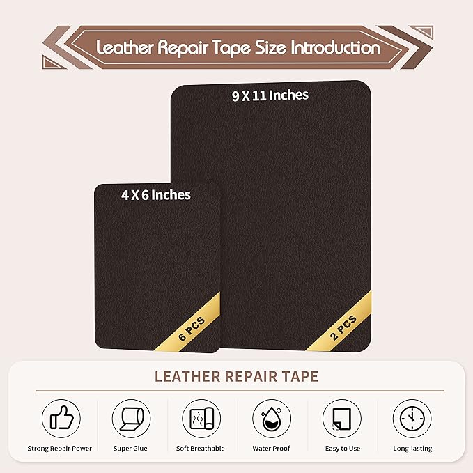 KING MOUNTAIN Leather Repair Patch,2 Packs 9 x 11 Inches self Adhesive Leather Repair Tape for Damaged Leather Furniture, Sofa Seating,Car Seats, Leather Goods(Dark Brown)