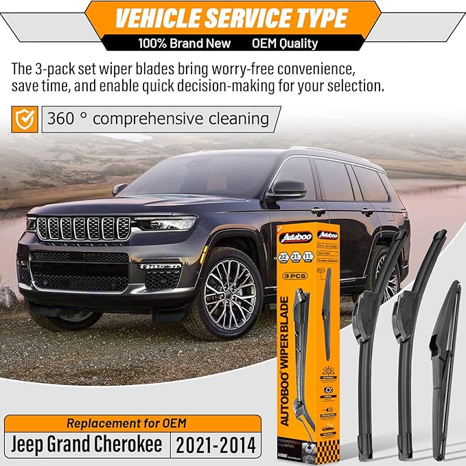 AUTOBOO 22"+21" Windshield Wipers with 11" Rear Wiper Blade Sets Replacement for Jeep Grand Cherokee 2014 2015 2016 2017 2018 2019 2020 2021-Original Factory Quality (Pack of 3)