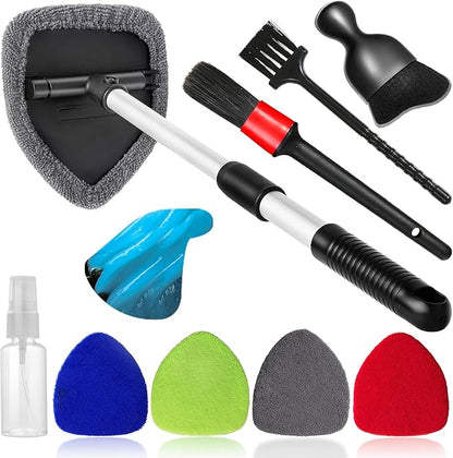 10pcs Windshield Cleaner Tool, Car Window Cleaning Wash Kit with 4 Reusable Microfiber Pads 1 Spray Bottle and Extendable Handle Auto Glass Wiper Kit, Multicolor