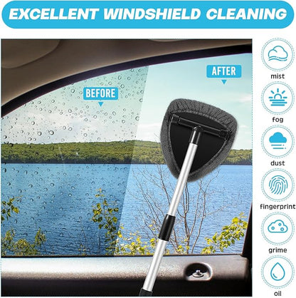 Baderke 10 Pcs Windshield Cleaner Tool Car Window Cleaning Supplies with Extendable Handle Include 6 Washable Microfiber Bonnets 2 Empty 60ml Spray Bottle Glass Wiper Kit (Gray)