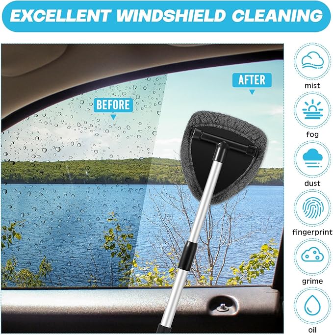 8 Pcs Car Windshield Cleaner Tool Kit with Extendable Handle, Microfiber Towel Pads, Brush, Empty Spray Bottle for Auto Glass Wiper Suvs Rvs & Home Windows(Grey)